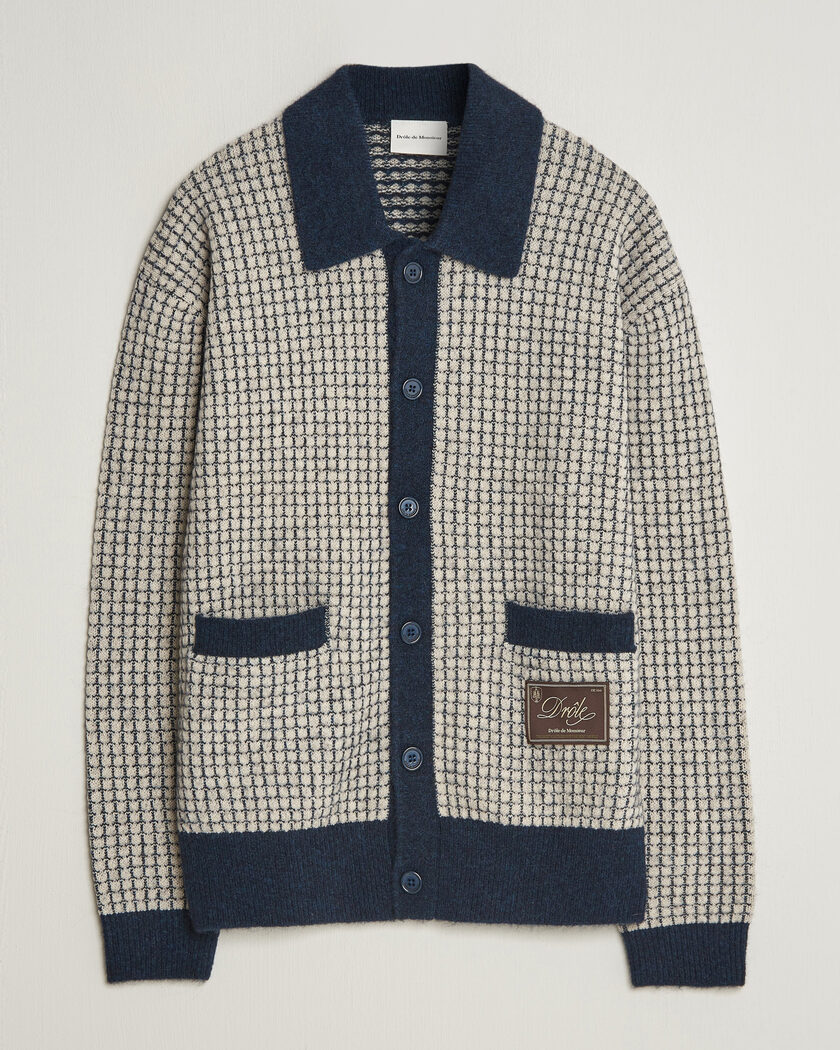 Drôle de Monsieur Waffle Knitted Cardigan Navy – Beige