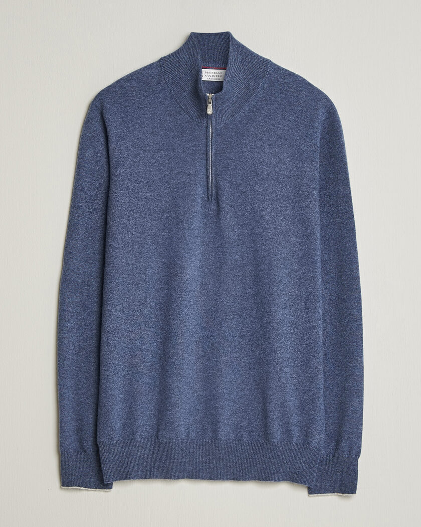 Brunello Cucinelli 2 Ply Cashmere Half Zip Denim Blue – Bleu