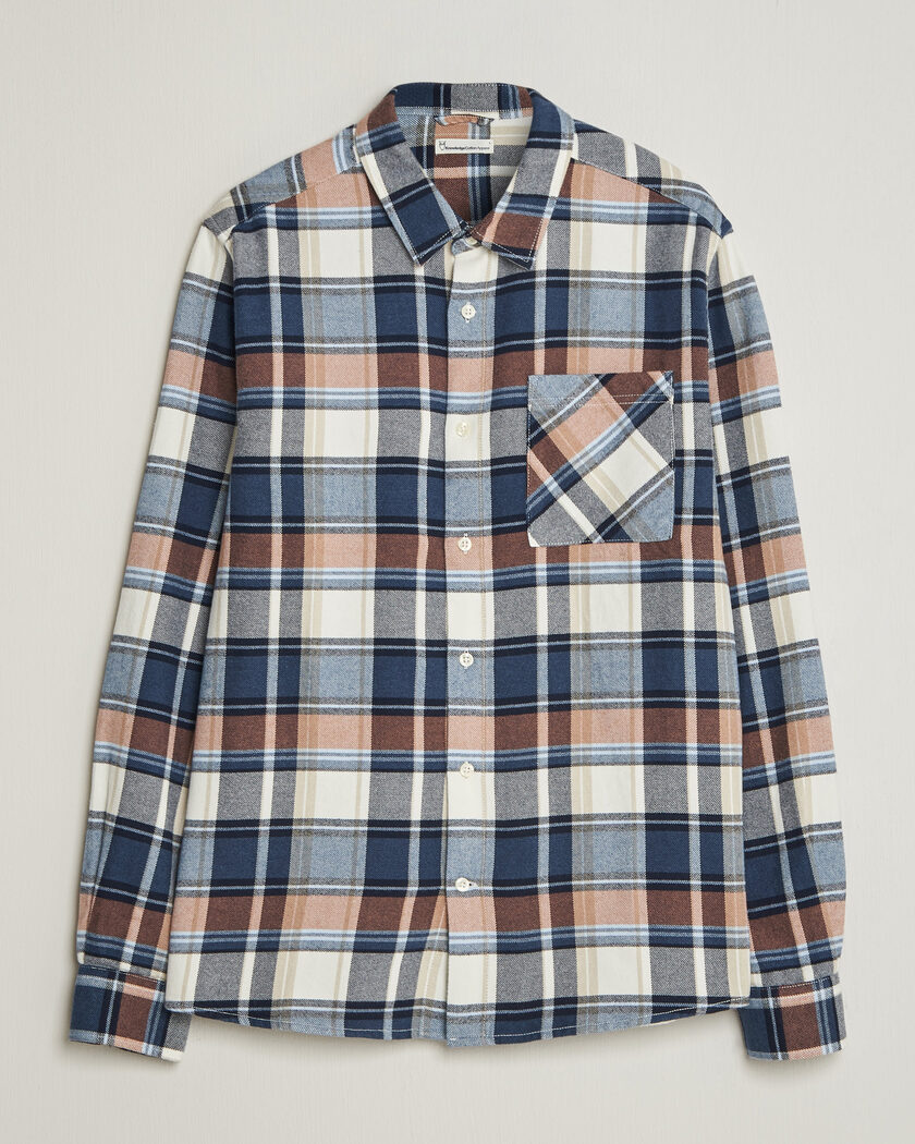 KnowledgeCotton Apparel Regular Fit Check Melange Flannel Shirt Navy – Bleu