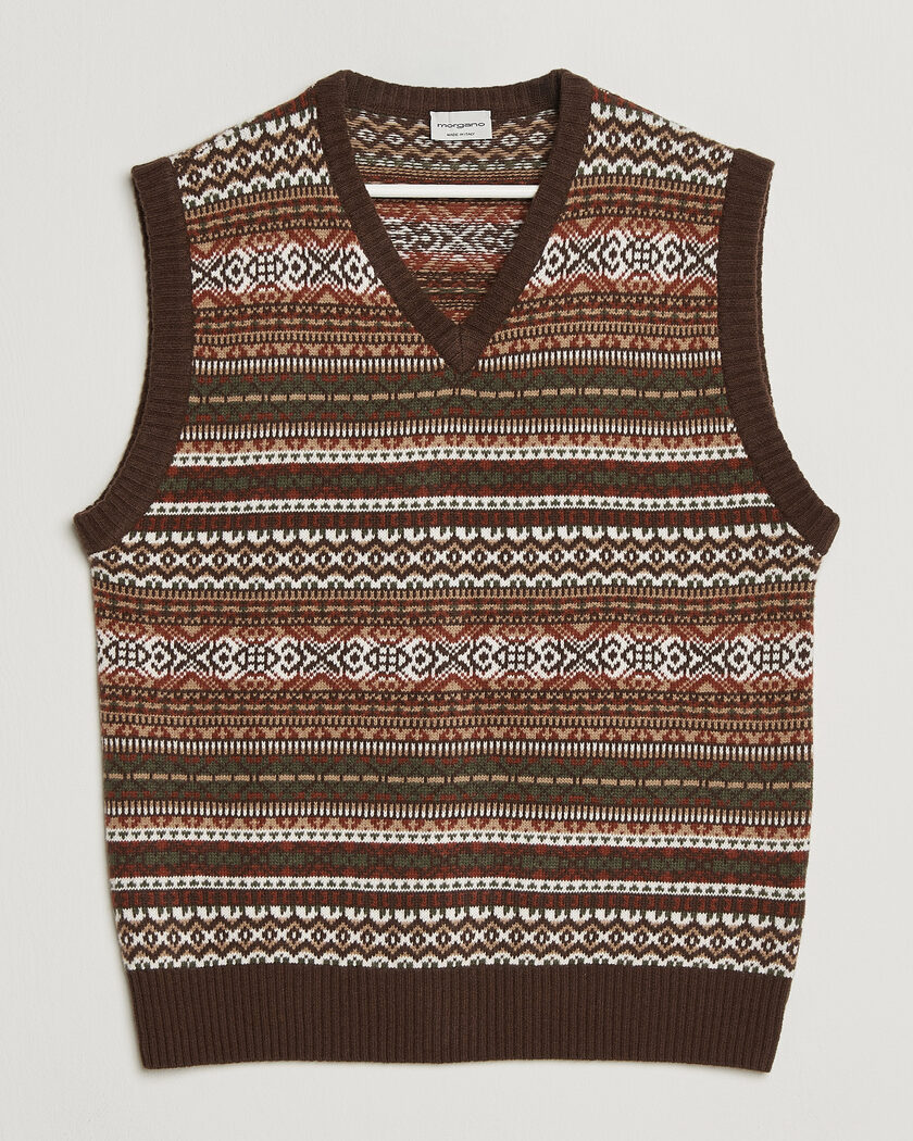 Morgano Wool/Cashmere Fair Isle Knitted Vest Brown – Marron