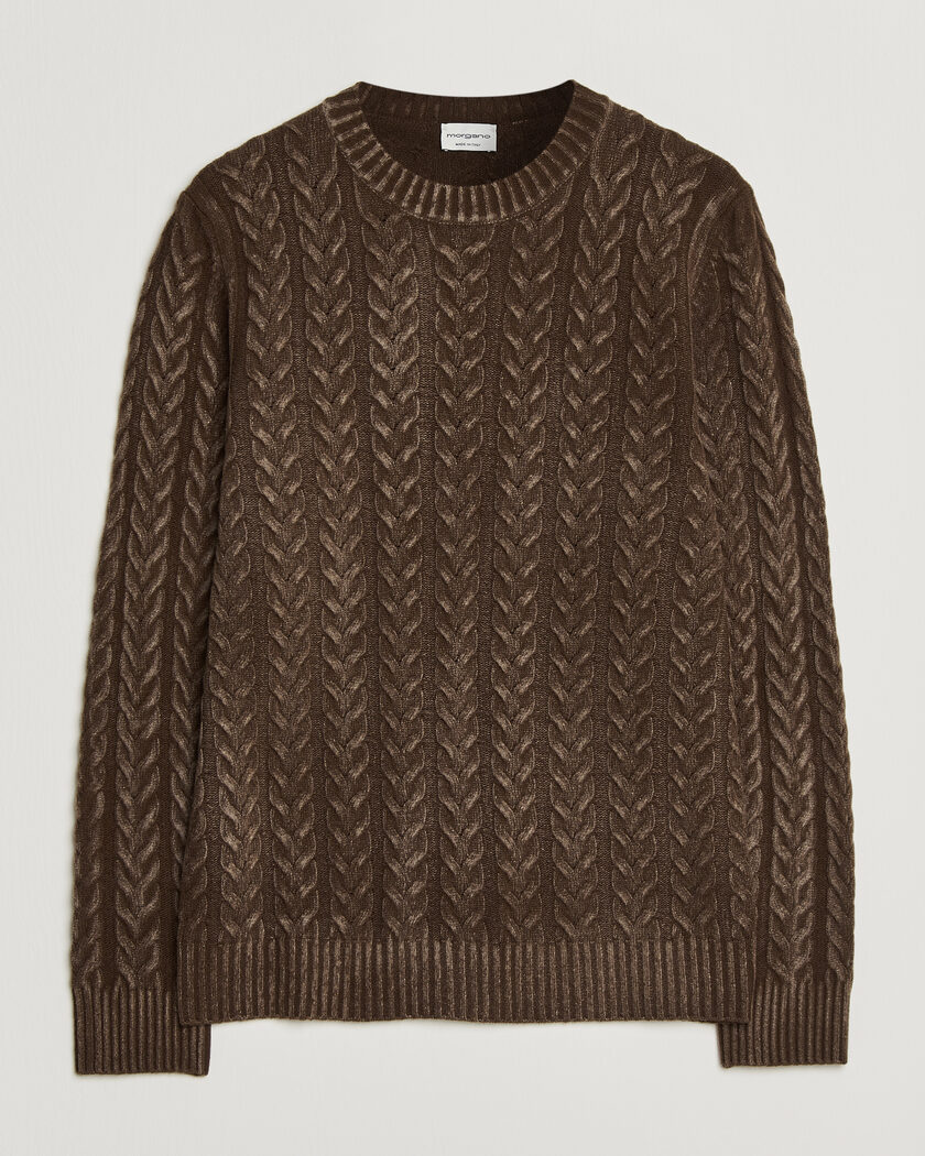 Morgano Cable Knitted Brushed Dyed Wool Crew Brown – Marron