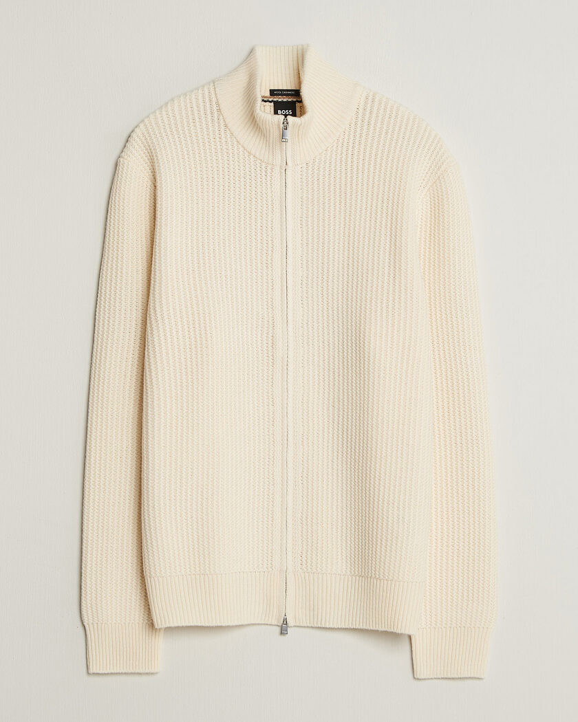 BOSS BLACK Fiocco Wool/Cashmere Full Zip Open White – Blanc