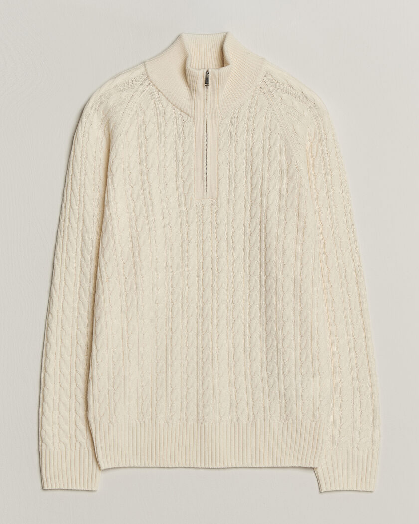 BOSS BLACK Furore Wool/Cashmere Cable Half Zip Open White – Blanc