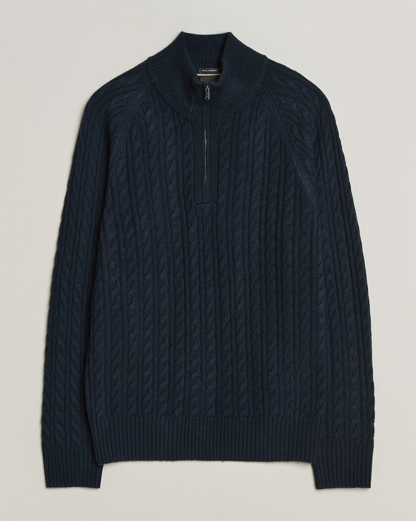 BOSS BLACK Furore Wool/Cashmere Cable Half Zip Dark Blue – Bleu