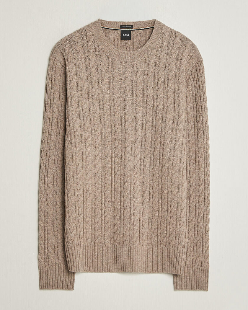 BOSS BLACK Furlan Wool/Cashmere Cable Crew Neck Open Brown – Marron