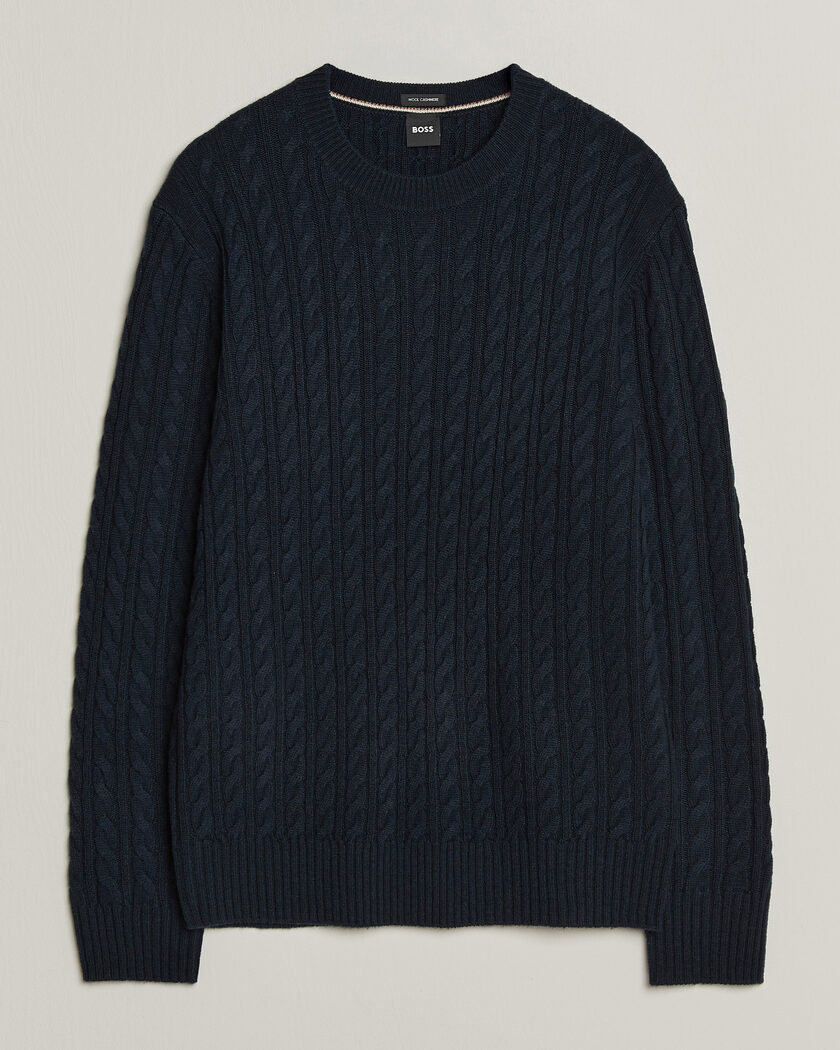 BOSS BLACK Furlan Wool/Cashmere Cable Crew Neck Dark Blue – Bleu