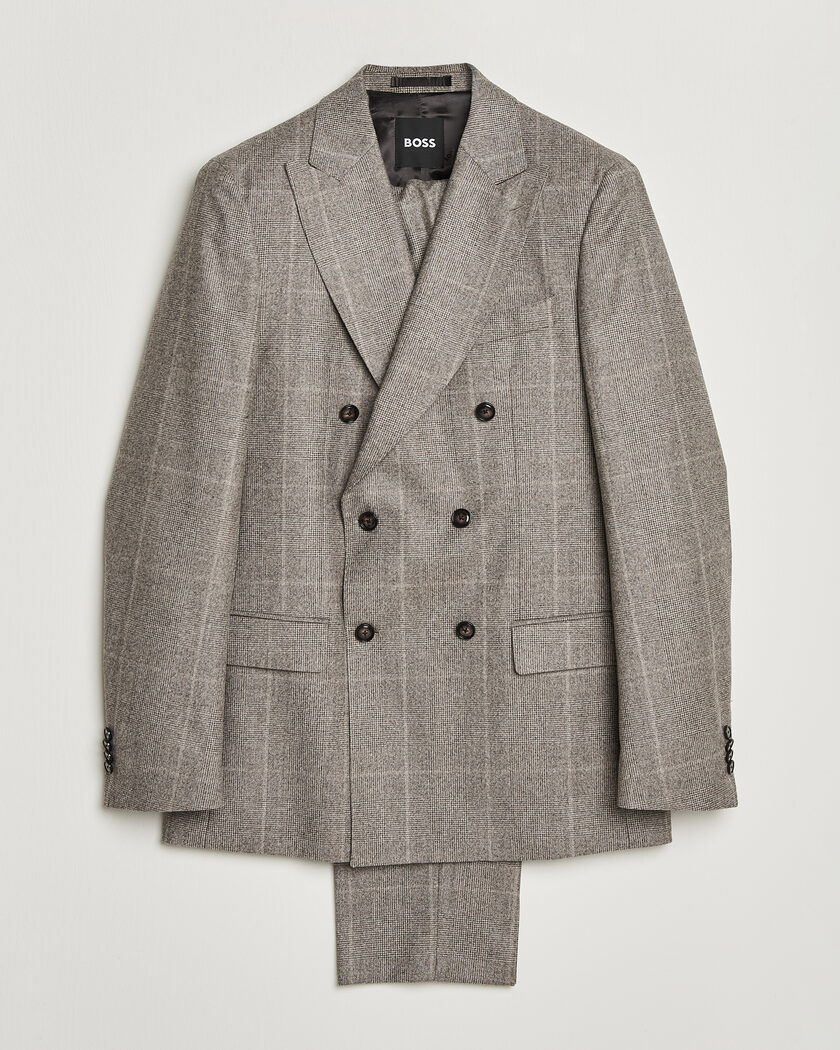 BOSS BLACK Huge Wool Checked Double Breasted Suit Open Brown – Marron