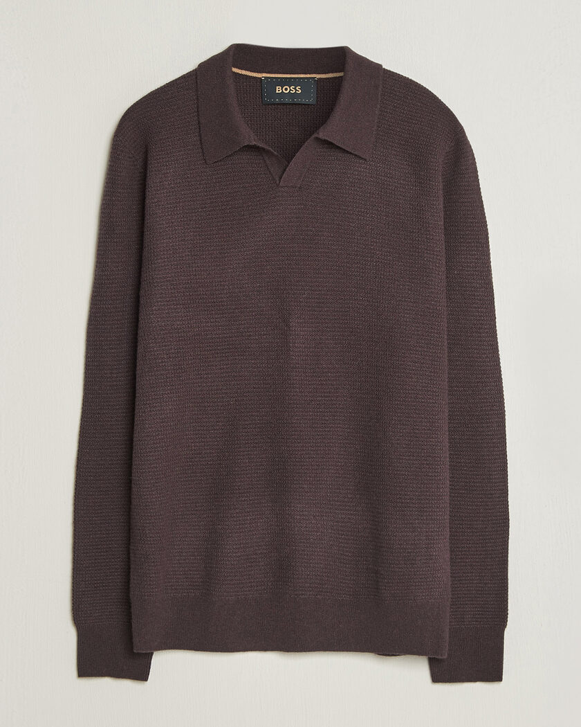 BOSS CAMEL Filo Cashmere Knitted Polo Open Brown – Marron