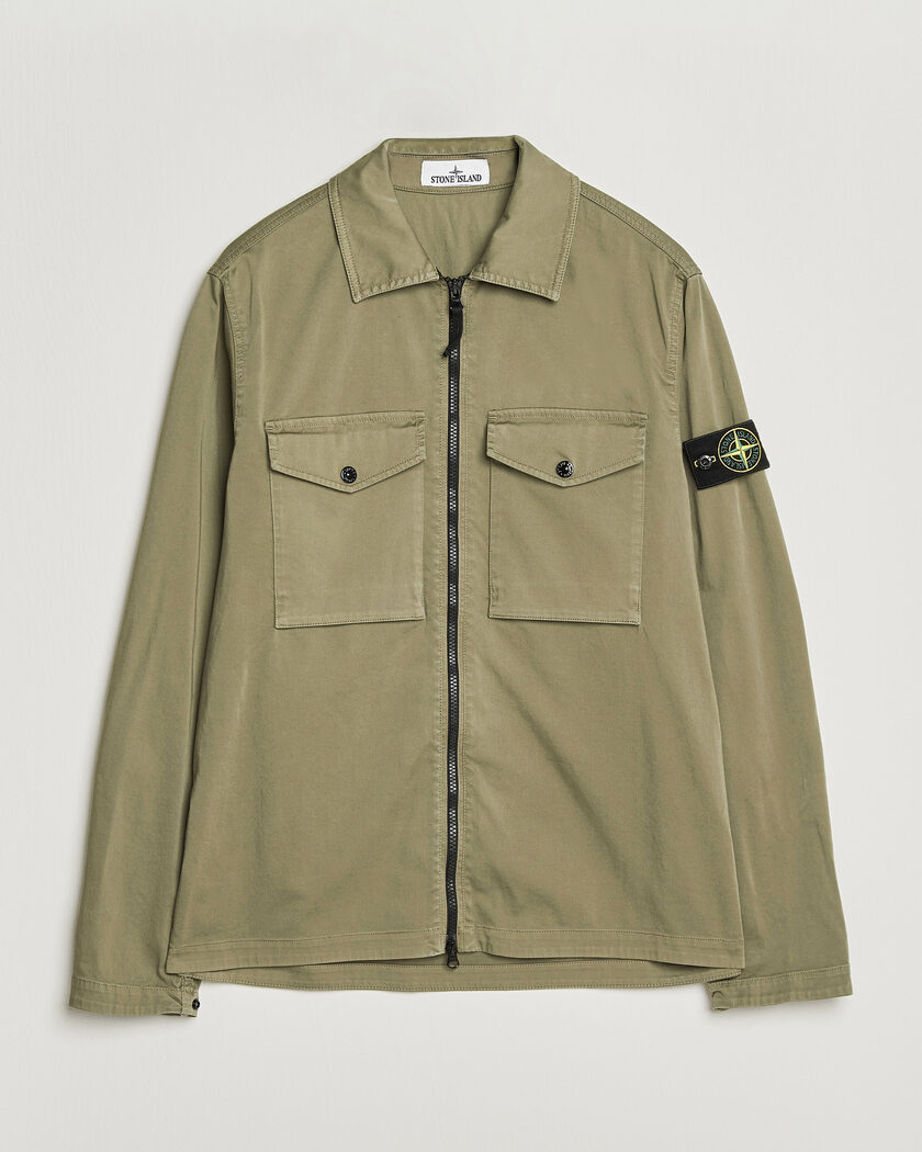 Stone Island Organic Cotton Satin Stretch Zip Overshirt Miltary Green – Vert