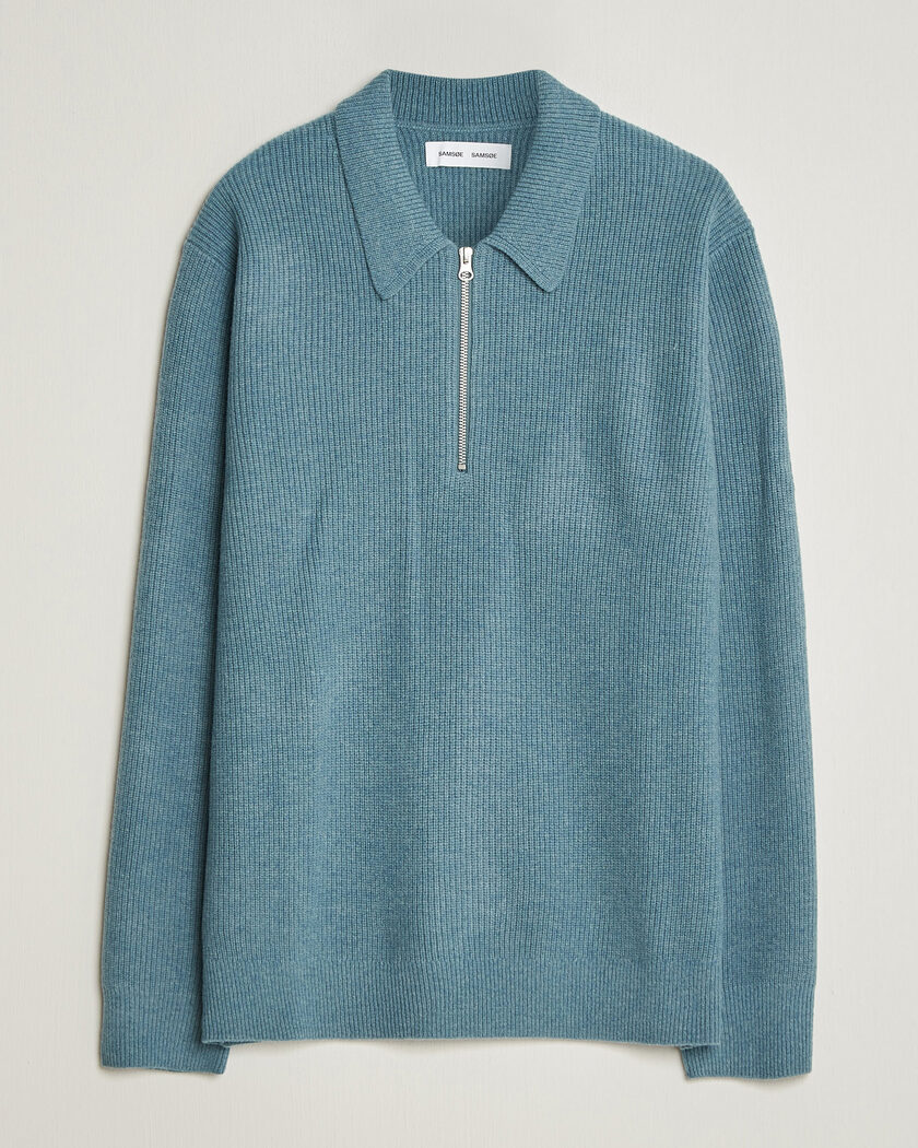  Samsøe Samsøe Isak Knitted Half Zip Polo Stormy Sea – Bleu