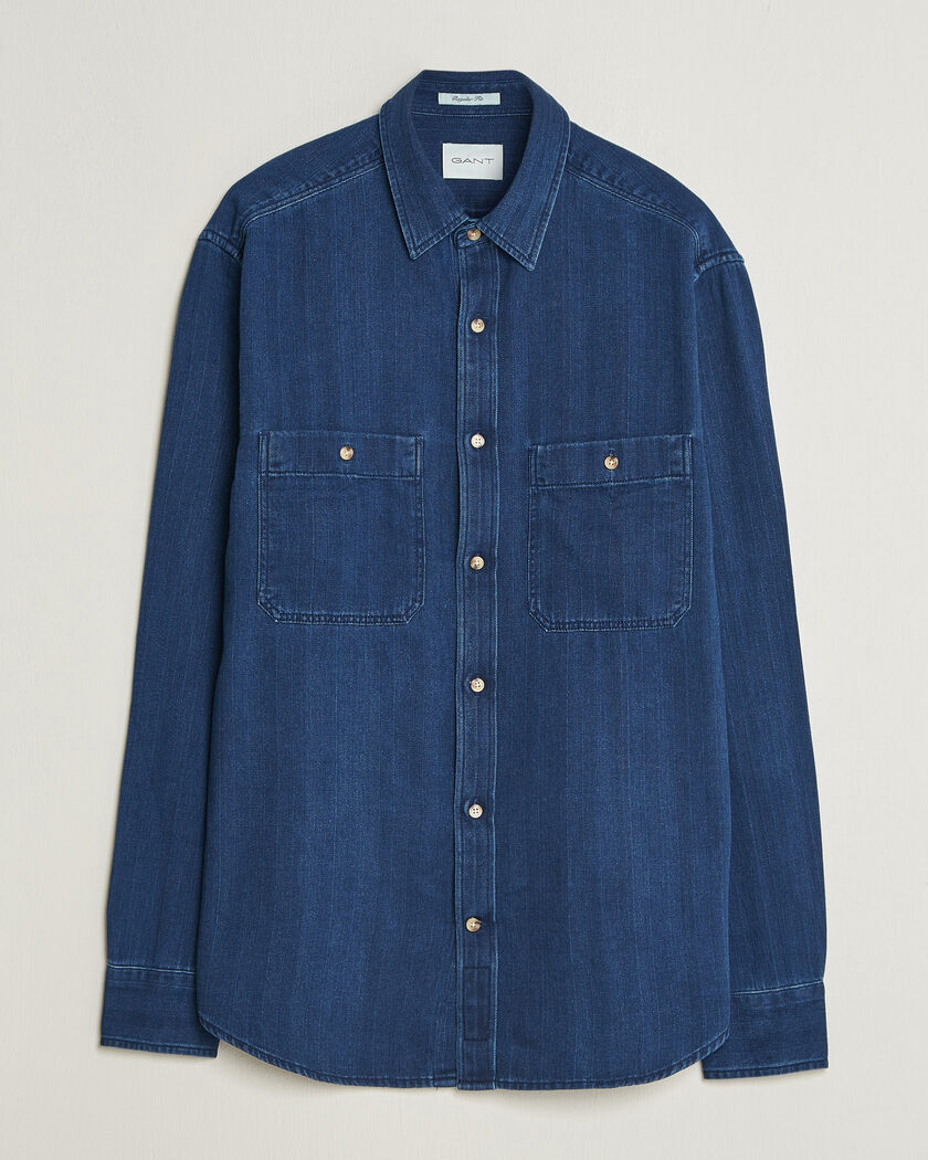 Gant Regular Fit Indigo Herringbone Overshirt Mid Blue – Bleu