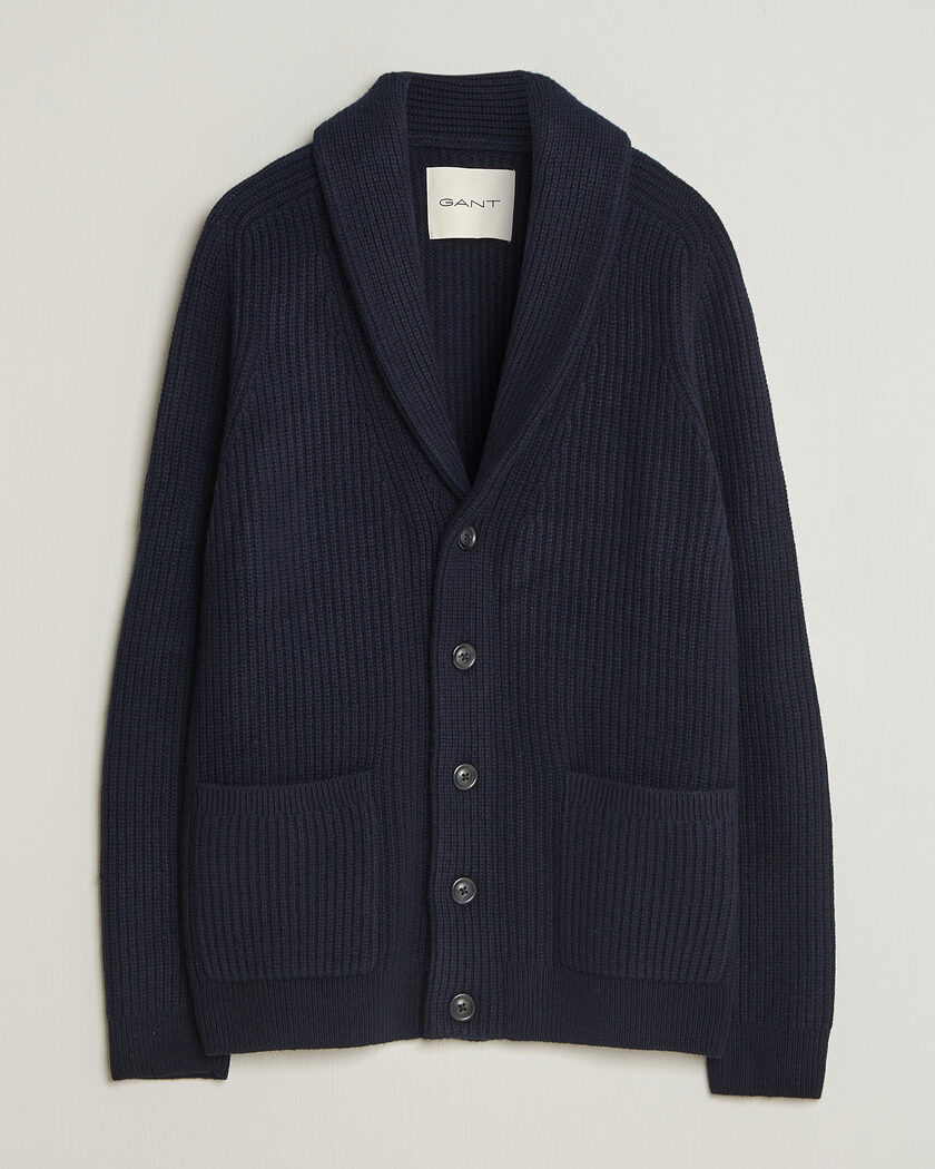 Gant Wool/Cotton Ribbed Shawl Collar Cardigan Evening Blue – Bleu
