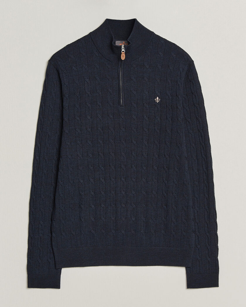 Morris Merino Cable Half Zip Navy – Bleu