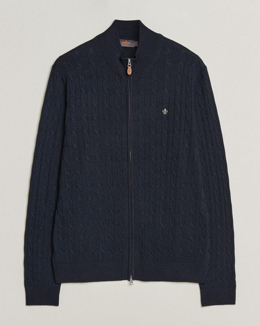 Morris Merino Cable Zip Cardigan Navy – Bleu