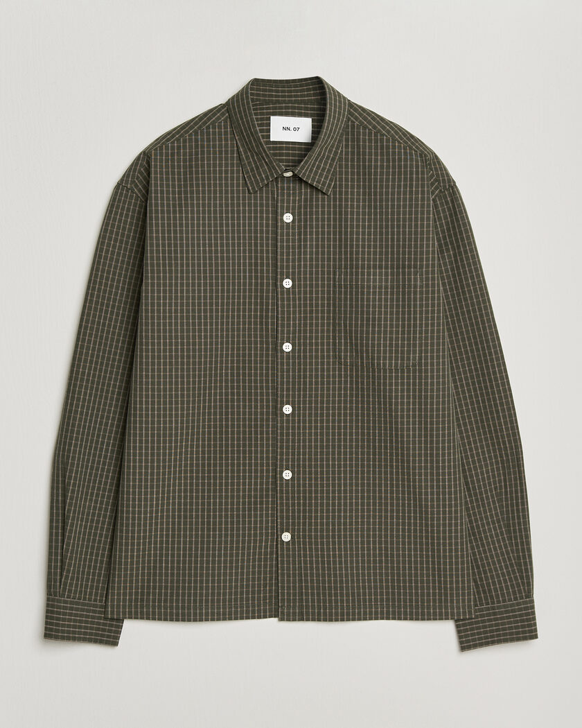 NN07 Deon Peached Cotton Checked Shirt Green – Vert