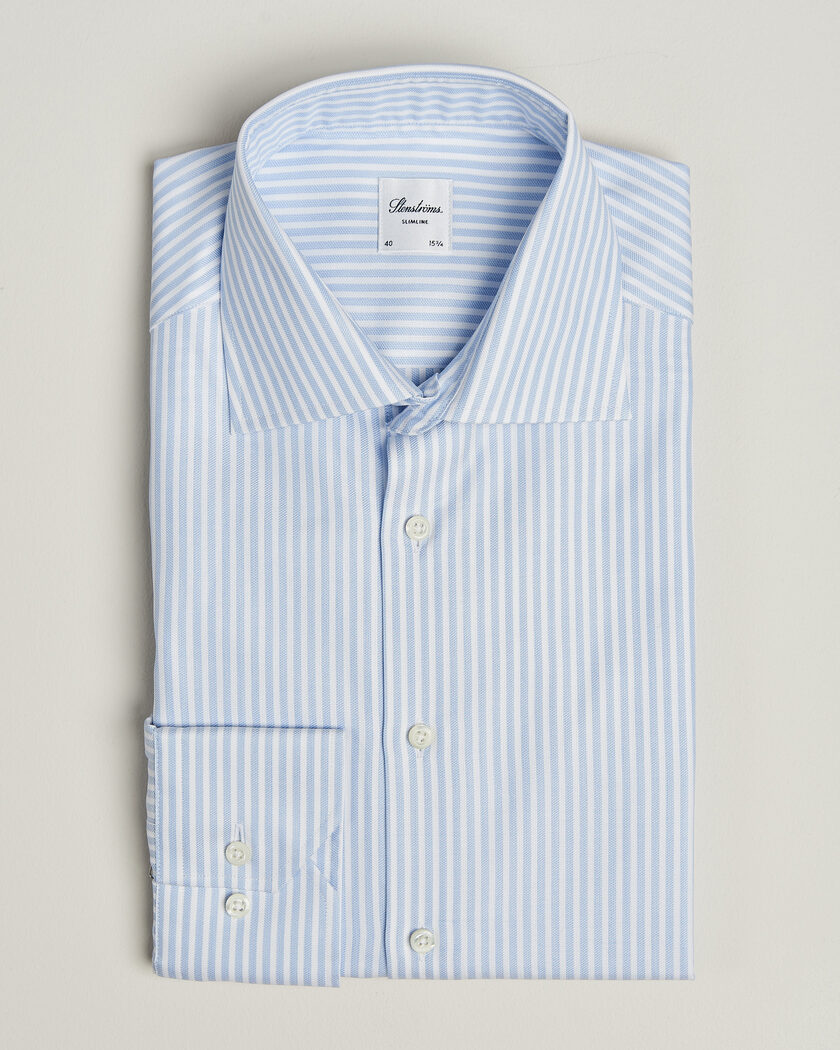Stenströms Slimline Twofold Cotton Stripe Shirt Light Blue – Bleu
