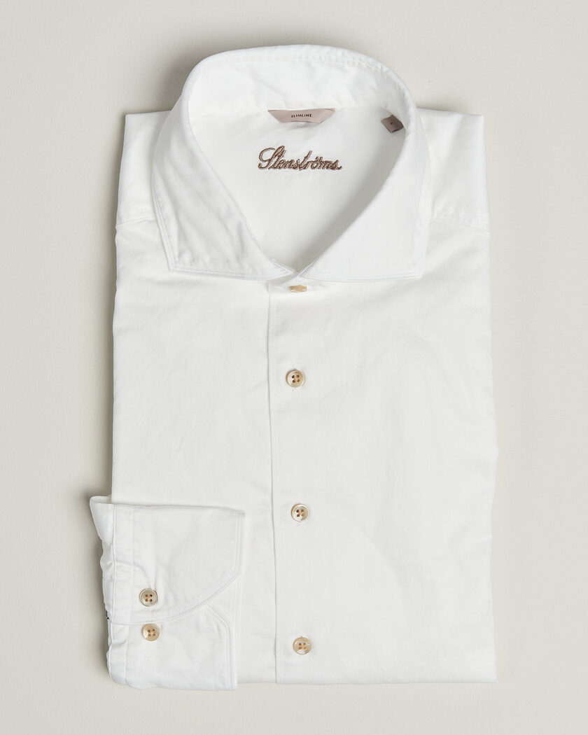 Stenströms Slimline Washed Cotton Twill Cut Away Shirt White – Blanc