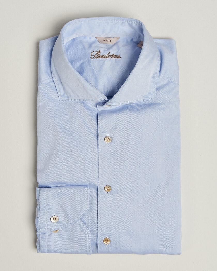Stenströms Slimline Washed Cotton Twill Cut Away Shirt Blue – Bleu