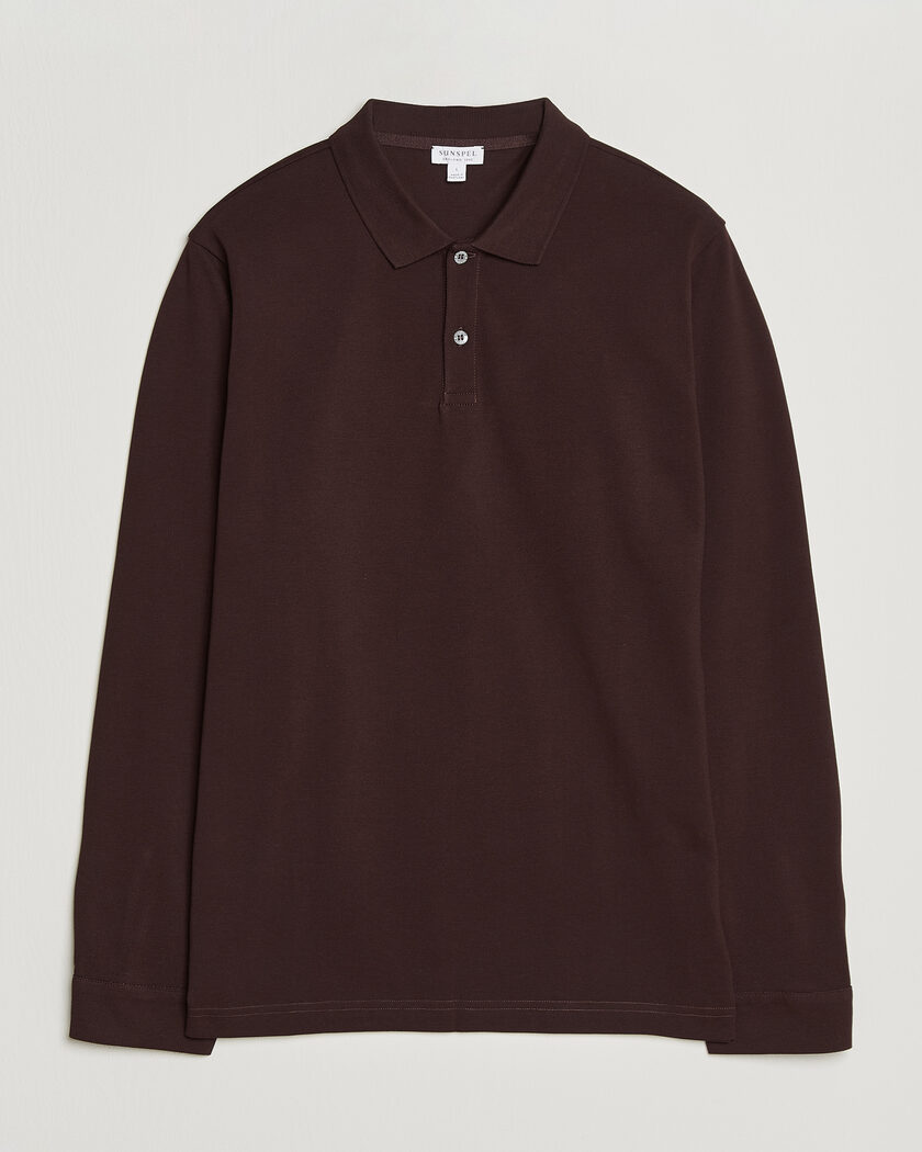 Sunspel Supima Cotton Long Sleeve Pique Polo Dark Brown – Marron