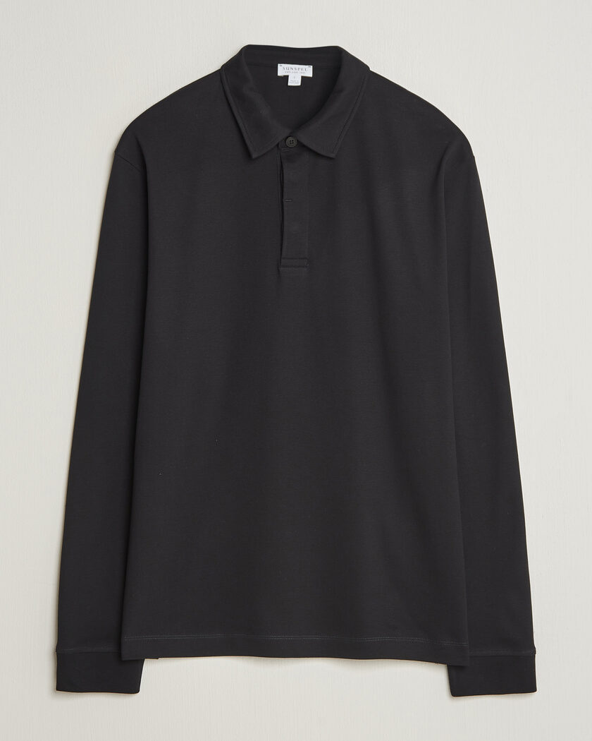 Sunspel Heavy Weight Supima Cotton Long Sleeve Polo Black – Noir