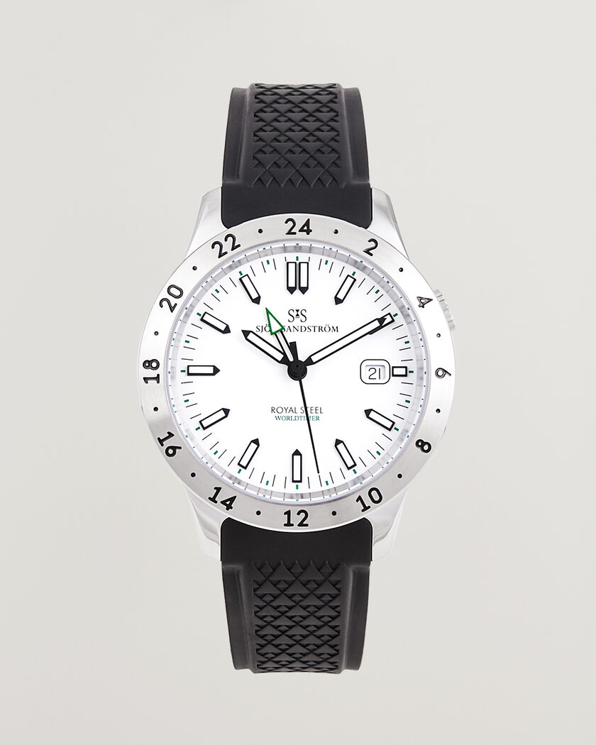 Sjöö Sandström Royal Steel Worldtimer 41mm Black Rubber White Dial – Blanc