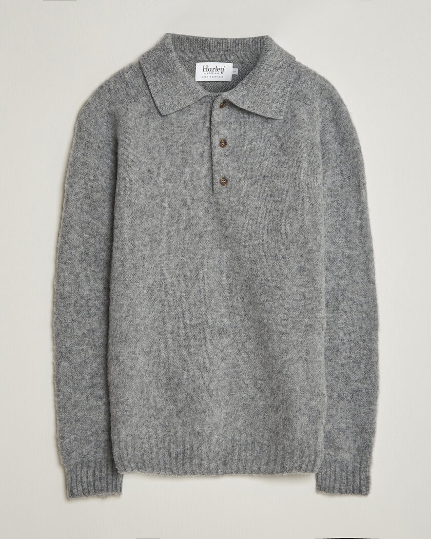 Harley Of Scotland Brushed Supersoft Lambswool Polo Mid Grey – Gris
