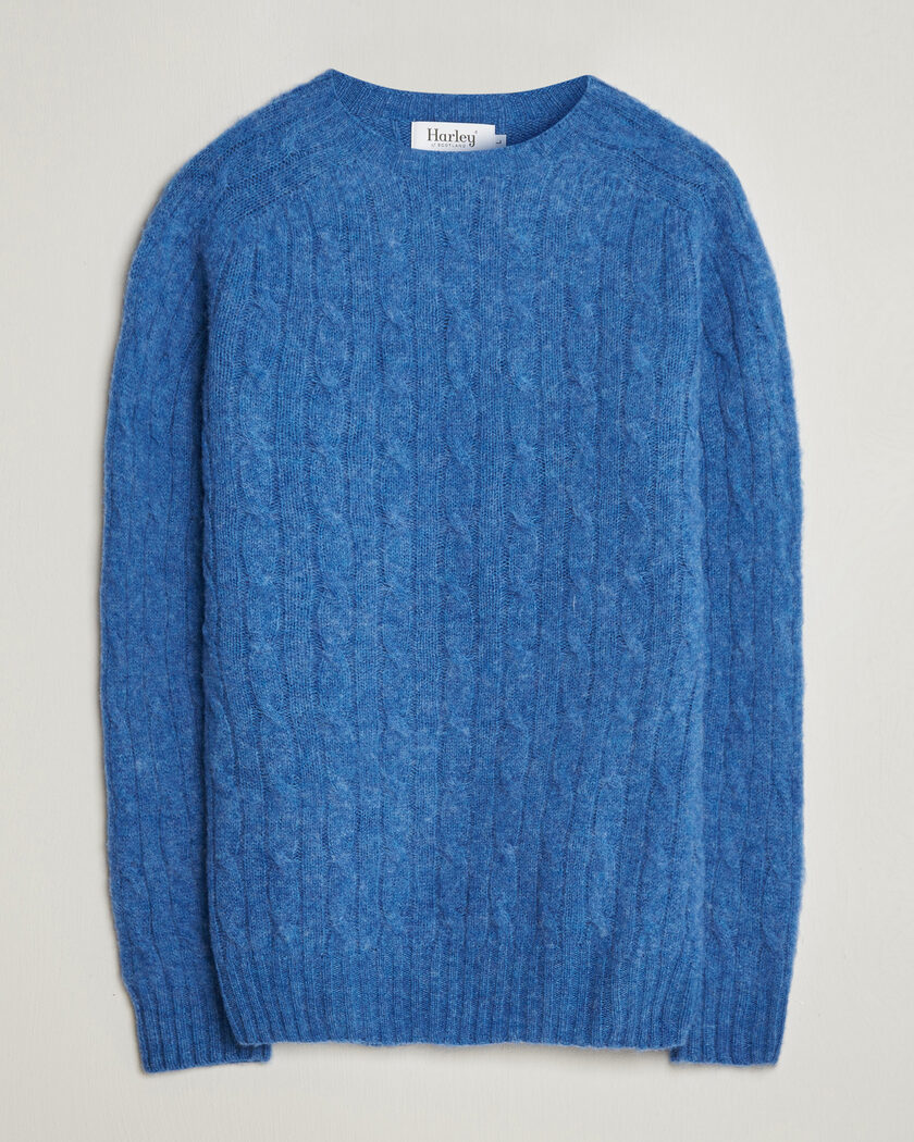 Harley Of Scotland Brushed Supersoft Lambswool Cable Cobalt – Bleu