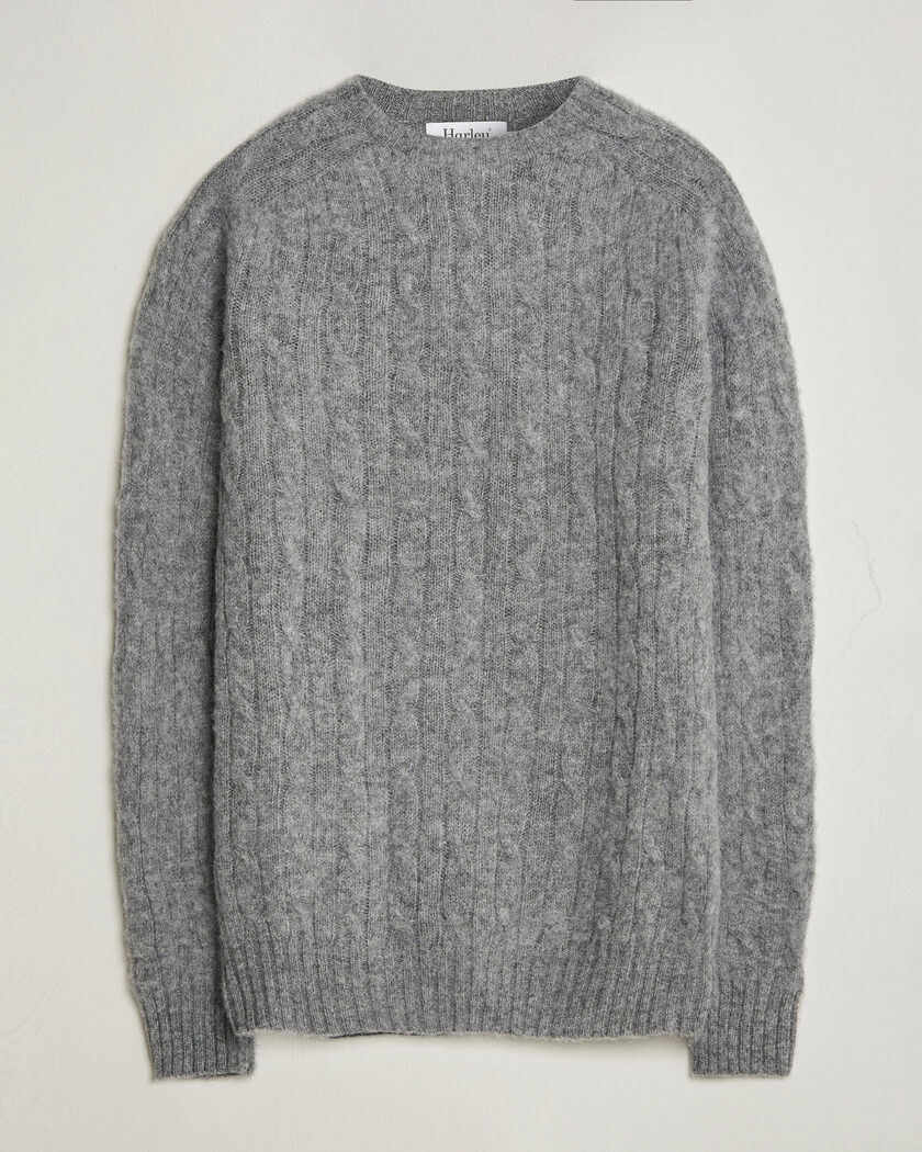 Harley Of Scotland Brushed Supersoft Lambswool Cable Mid Grey – Gris