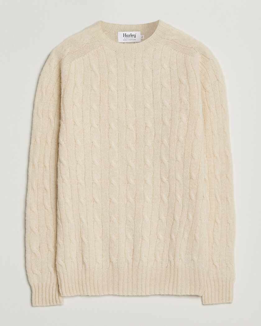 Harley Of Scotland Brushed Supersoft Lambswool Cable Vanilla – Blanc