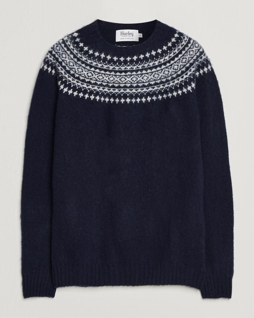 Harley Of Scotland Brushed Supersoft Lambswool Yolk Fairisle Navy/Snow White – Bleu