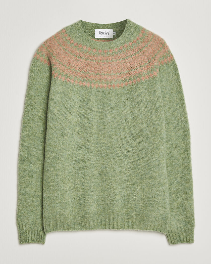 Harley Of Scotland Brushed Supersoft Lambswool Yolk Fairisle Sage/Parfait – Vert