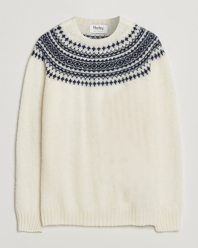 Harley Of Scotland Brushed Supersoft Lambswool Yolk Fairisle Snow White/Navy – Blanc