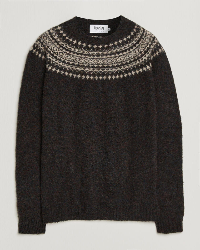 Harley Of Scotland Brushed Supersoft Lambswool Yolk Fairisle Volcano/Cameo – Marron