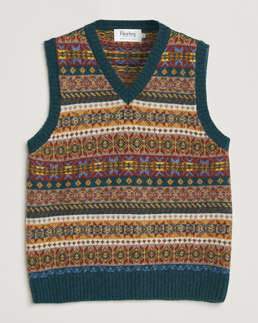 Harley Of Scotland Supersoft 2ply Lambswool Fairisle Vest Tempest – Multicolore