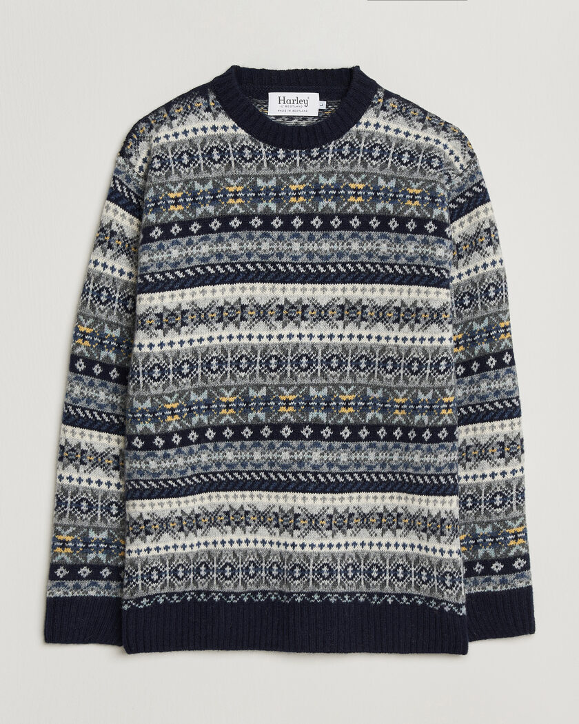 Harley Of Scotland Supersoft 2ply Lambswool Fairisle Crew Navy – Bleu