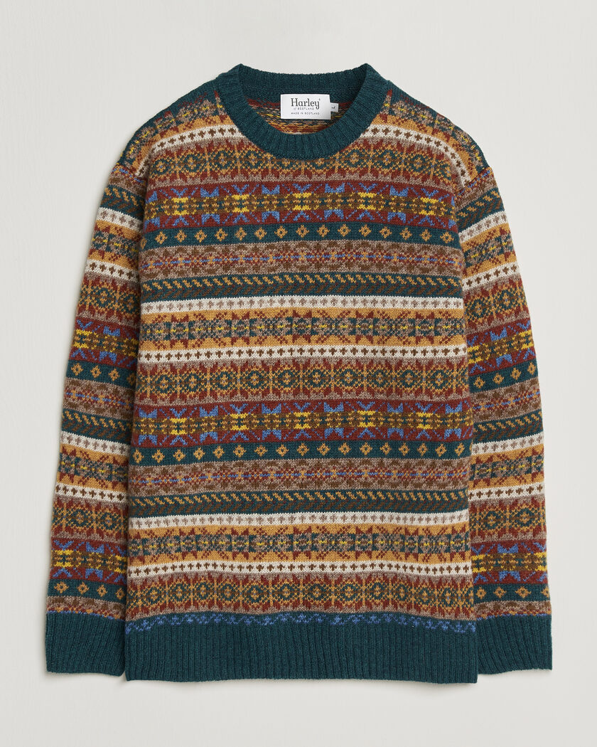 Harley Of Scotland Supersoft 2ply Lambswool Fairisle Crew Tempest – Multicolore