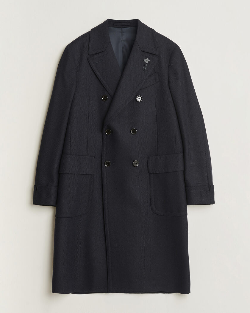 Lardini Ulster Wool/Cashmere Tonal Herringbone Coat Navy – Bleu