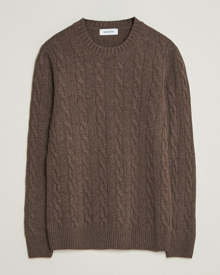 Gran Sasso Wool/Cashmere Cable Crew Neck Dark Brown Melange – Marron