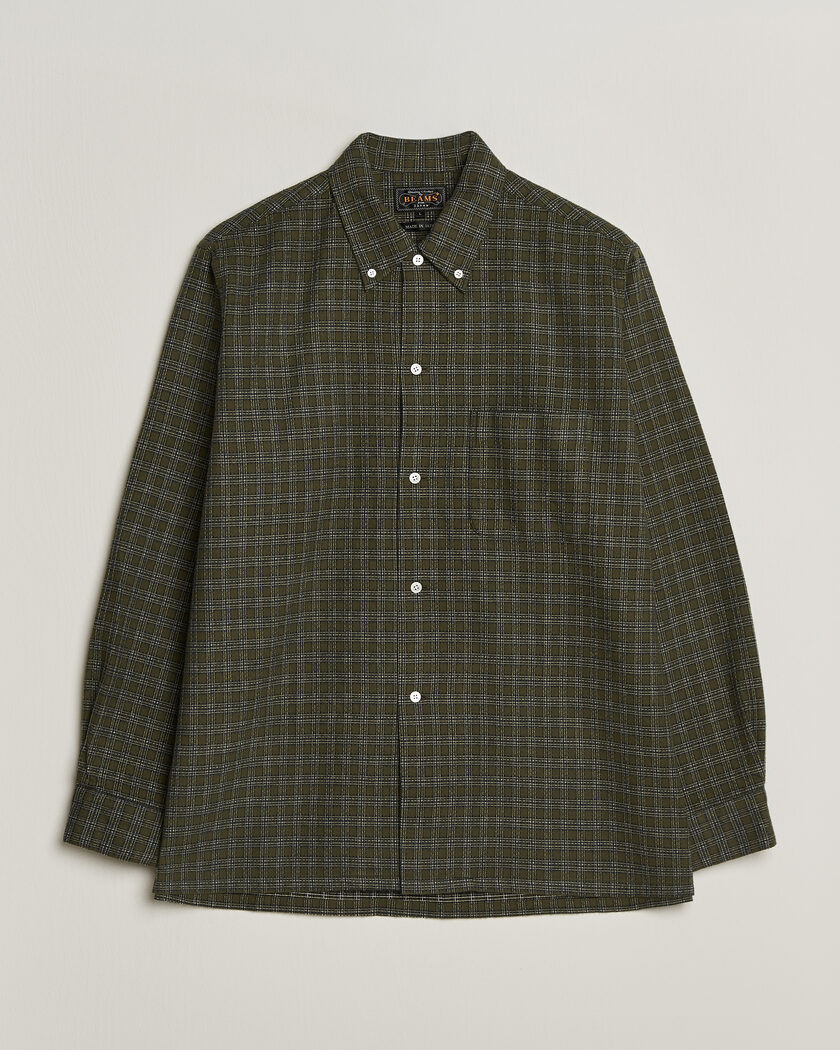 BEAMS PLUS Dobby Plaid Button Down Shirt Dark Green – Vert