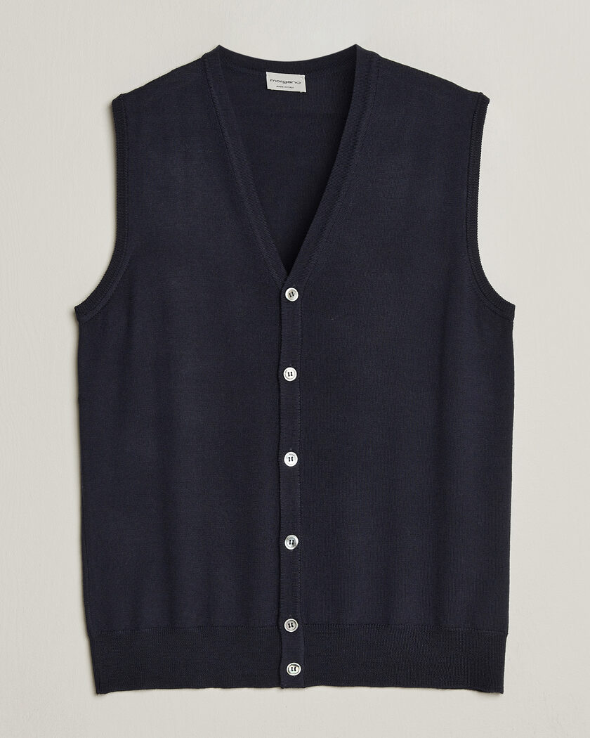 Morgano Extra Fine Merino Wool Sleevles Cardigan Vest Navy – Bleu