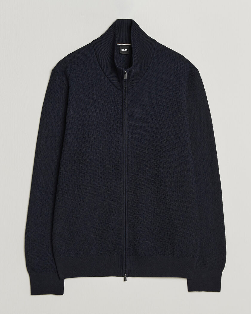 BOSS BLACK Loretti Cotton Knitted Full Zip Dark Blue – Bleu