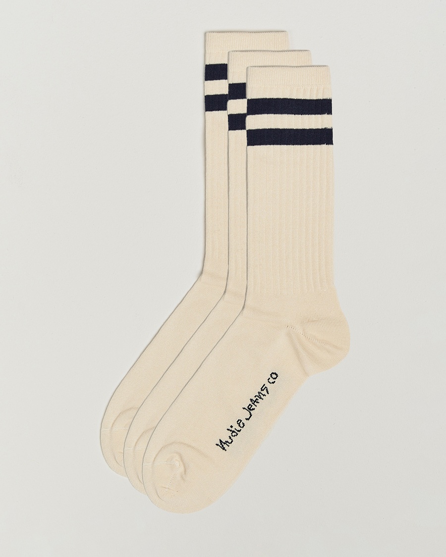 Nudie Jeans 3-pack Amundsson Tennis Socks Off White/Navy – Blanc
