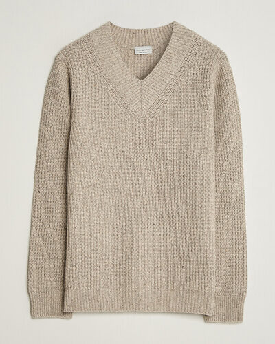 Morgano Fisherman Ribb Donegal Knitted V-Neck Beige