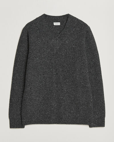 Morgano Fisherman Ribb Donegal Knitted V-Neck Dark Grey