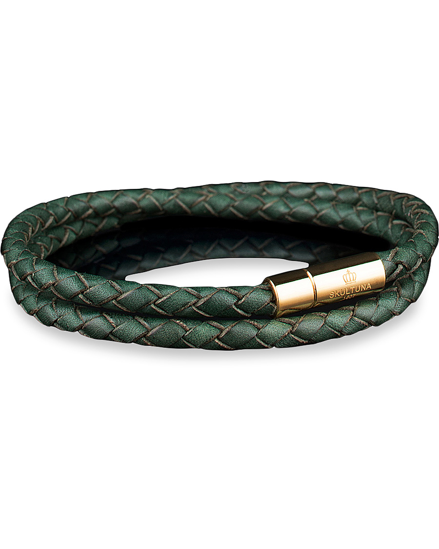 Homme | Skultuna Two Row Leather Bracelet Dark Green Gold | Skultuna | Two Row Leather Bracelet Dark Green Gold