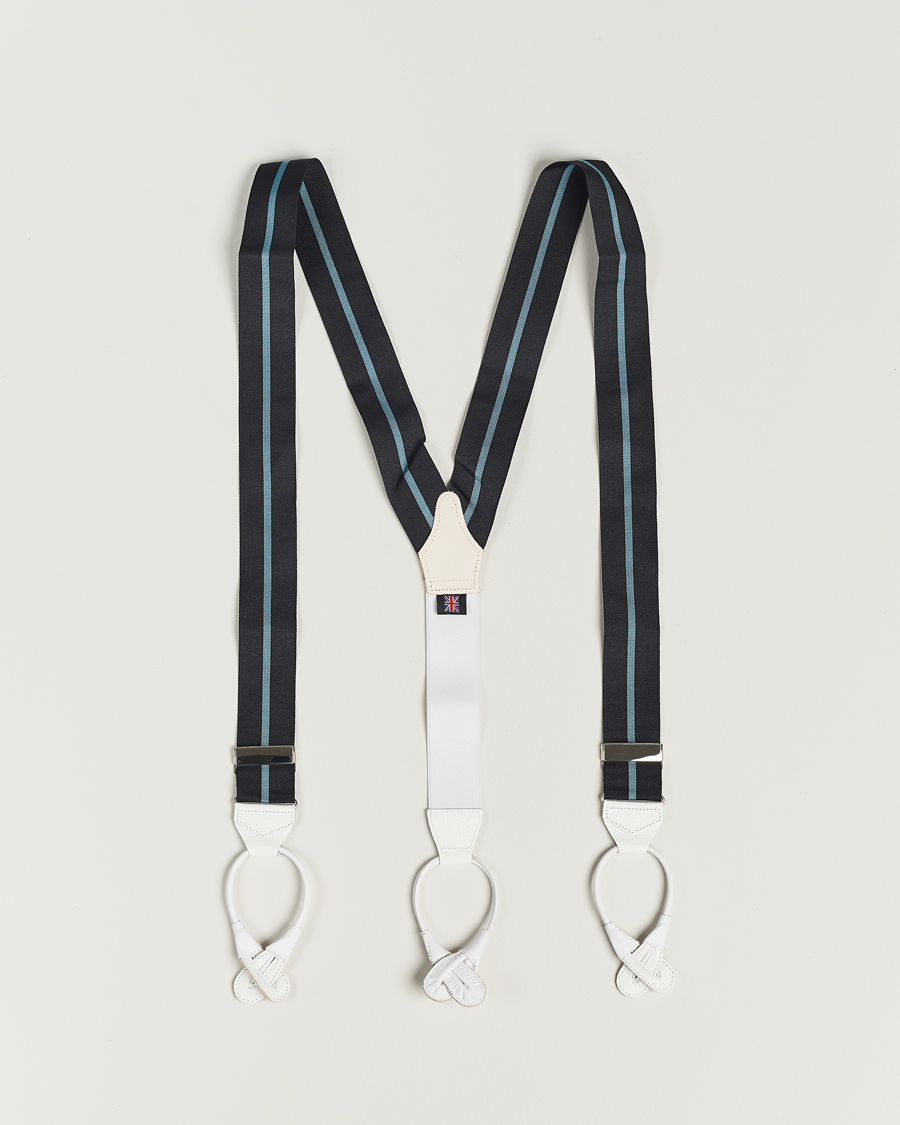Homme | Albert Thurston Thin Stripe Braces 40mm Black/Sky | Albert Thurston | Thin Stripe Braces 40mm Black/Sky