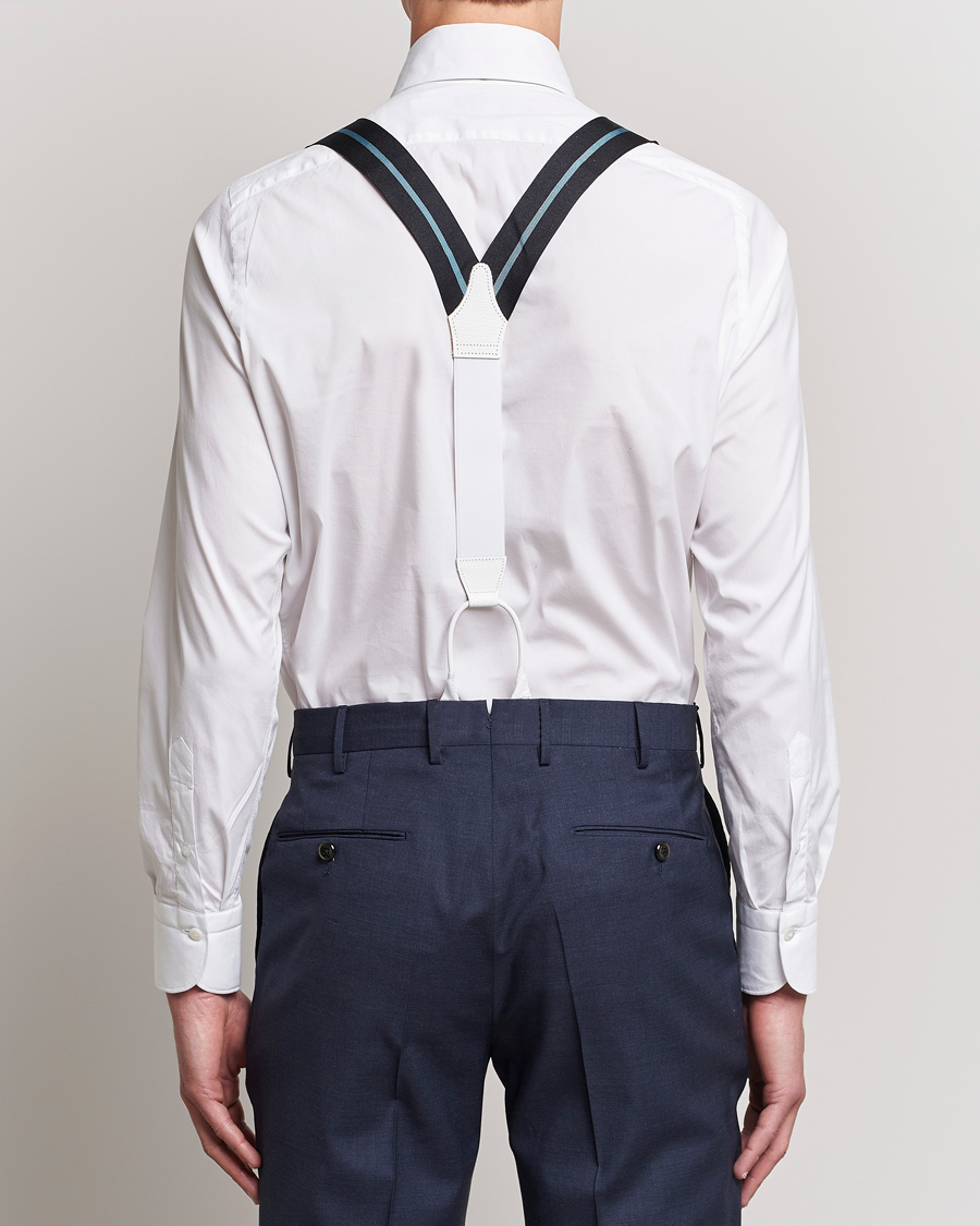 Homme | Albert Thurston Thin Stripe Braces 40mm Black/Sky | Albert Thurston | Thin Stripe Braces 40mm Black/Sky