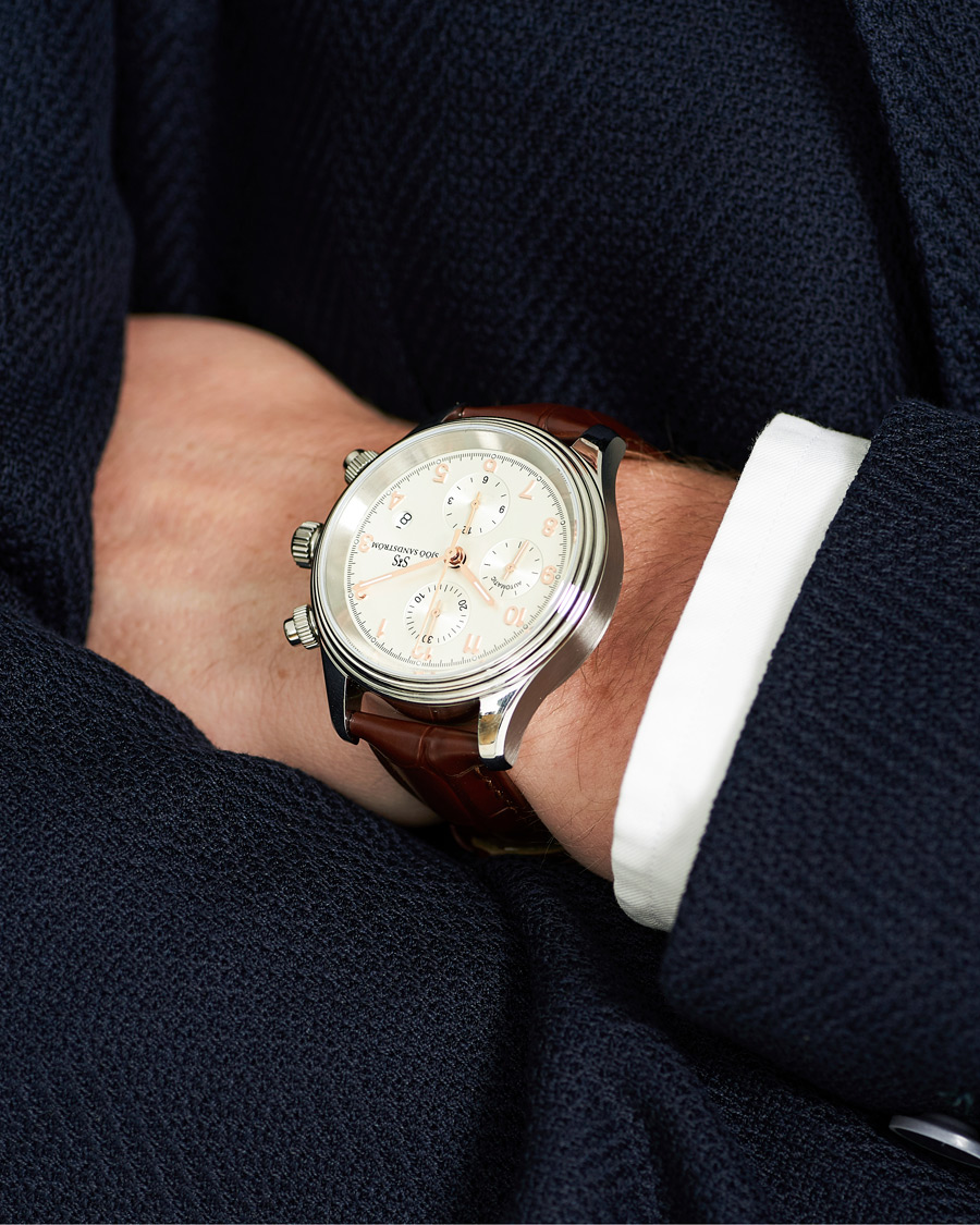 Homme | Sjöö Sandström Royal Steel Chronograph 42mm Ivory/Brown Alligator | Sjöö Sandström | Royal Steel Chronograph 42mm Ivory/Brown Alligator