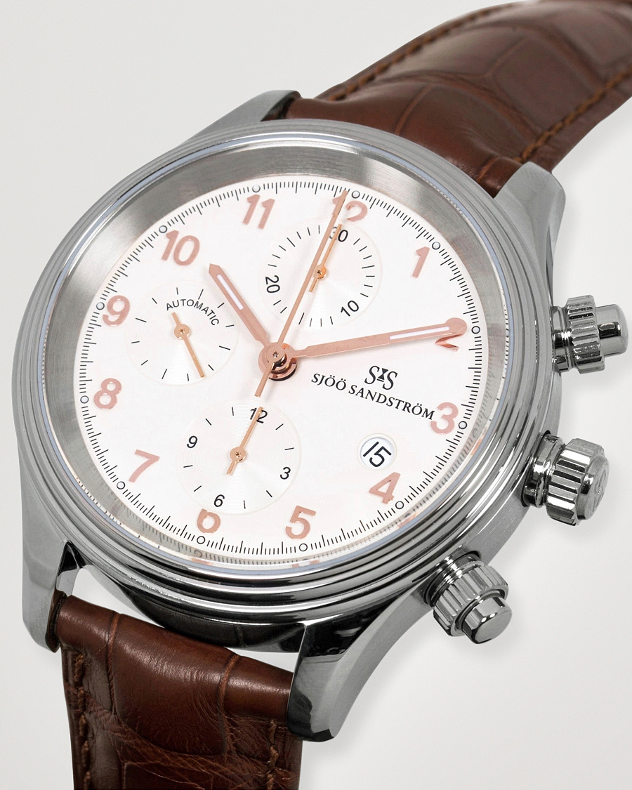 Homme | Sjöö Sandström Royal Steel Chronograph 42mm Ivory/Brown Alligator | Sjöö Sandström | Royal Steel Chronograph 42mm Ivory/Brown Alligator
