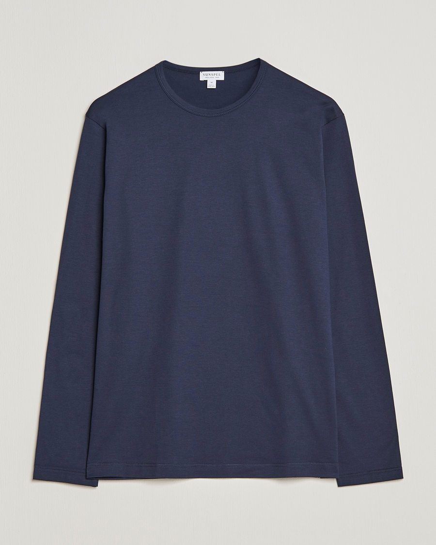 Homme | T-shirts | Sunspel | Long Sleeve Crew Neck Cotton Tee Navy